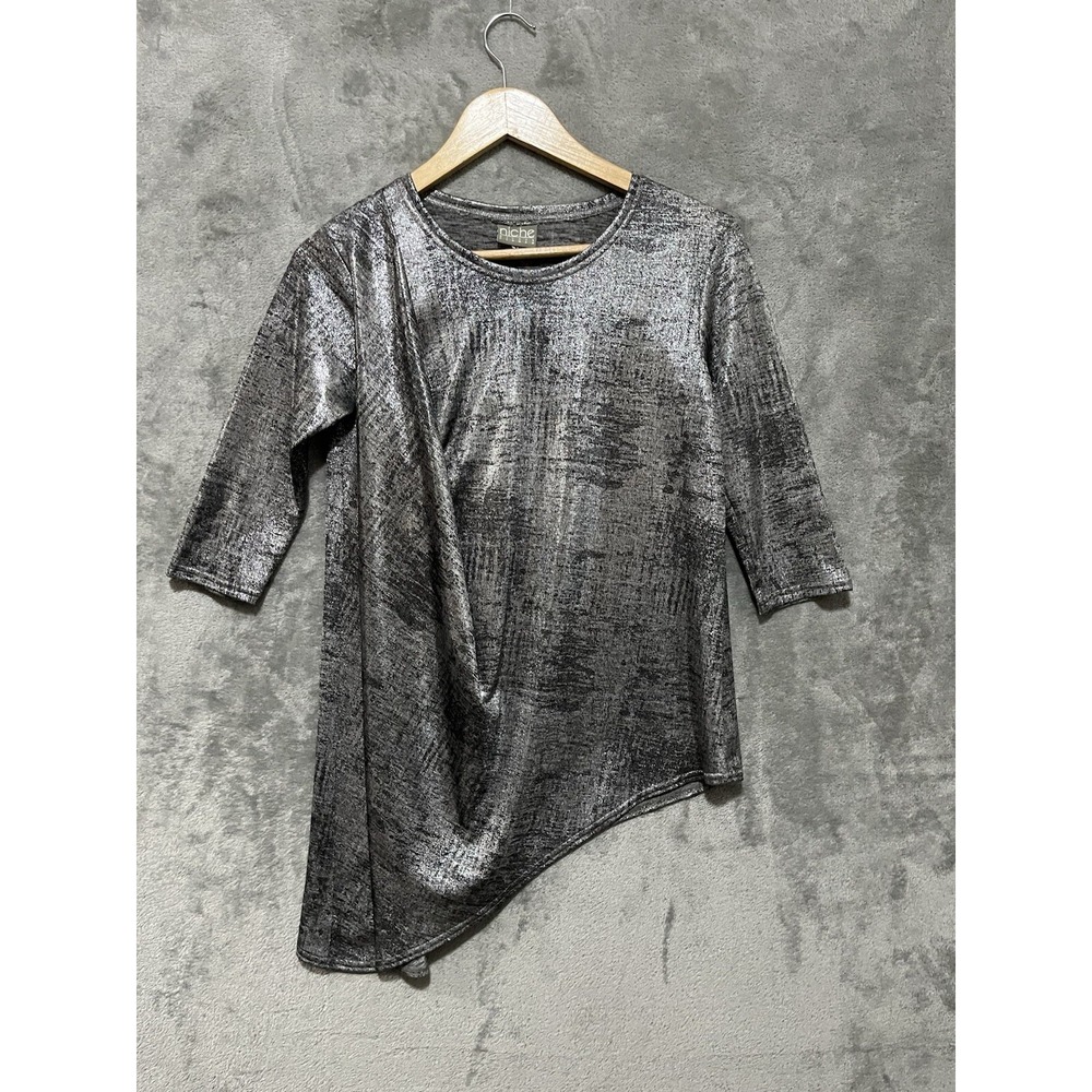 Niche Nilgun Derman Silver‎ Metallic Asymmetrical Tunic Top XS Edgy Disco Metal